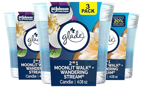 Glade 1-Wick 2in1 Scented Candle Jar, Moonlit Walk & Wandering Stream, Air Freshener Infused with Essential Oils, 4.08 Oz, 3 Count