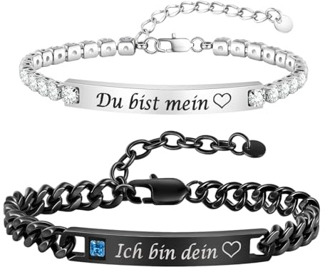 Freundschaftsarmbänder Zirkonia Partner Armbänder mit Gravur - 2 Stück Edelstahl Armband Freundschaftsarmband Armkette für Damen Herren, Verstellbar Pärchen Armband Geschenk für Liebhaber Couple