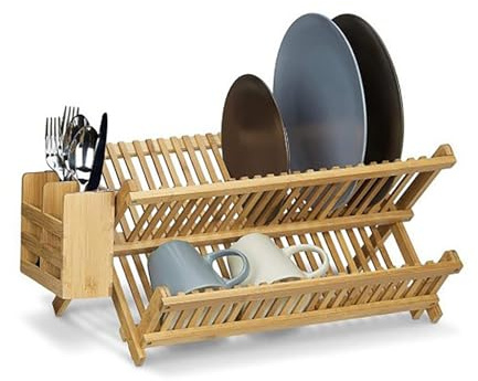 Genérico Escurreplatos de Madera con Soporte for Cubiertos, Escurridor de Platos Plegable de Bambú de 2 Niveles, Organizador y Almacenamiento for Cuencos de Cocina, for Encimera de Cocina
