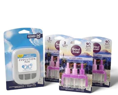 Perfect Scents Air Freshener Plug-In Starter Kit – MYSTIC JAPAN – Includes 1 x Smart Programming 3volution DEVICE PLUG & 3 x Refill Bottles 3 Alternating Scents for Odour Elimination Upto 90 Days