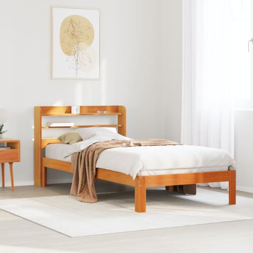 Ordellia Massiv träsäng, vaxbrun, 75 x 190 cm, furu, sängram med ribbotten, sänggavel med hyllor, fristående plattformssäng för sovrum, hållbara möbler