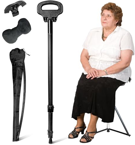 Walking Cane with Seat, Cane Chair with Cushion Capacity 330lbs Folding Lightweight Portable Seat for Adults Seniors Camping Hiking Travelling