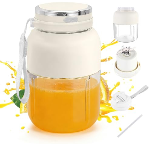 Batidora portátil de 1300 ml, botella de licuadora de zumos frescos, botella batidora con tapa a prueba de fugas, inalámbrica, recargable para fitness, oficina y viajes (blanco crema)
