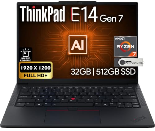 Lenovo ThinkPad E14 Gen 7 Display FHD+ da 14, AMD Ryzen 7 250, RAM DDR5 da 32 GB, SSD PCIe da 512 GB, tastiera retroilluminata, WiFi 6E + BT, RJ-45, webcam FHD, Windows 11 Pro, laptop aziendale AI