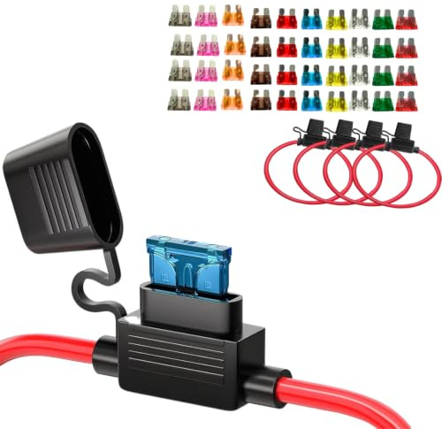 LAOMAO 4 stycken 10 AWG säkringshållare 12 V Inline vattentät – plattsäkringshållarset med 40 plattsäkringar (2 A–40 A) – högpresterande för lastbilar, bilar, husbilar, båt, 40 A max