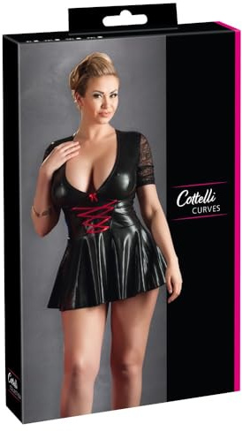 Cottelli Collection Plus - verführerisches Minikleid mit Schnürung für sie, kurzes Kleid im Wetlook mit Spitzen-Einsatz, Einteiler mit erotisch, tiefem Ausschnitt, schwarz