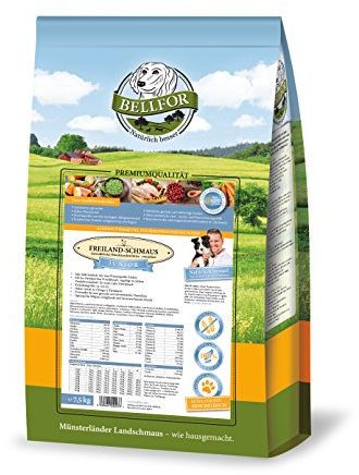 Bellfor Freiland-Schmaus Junior Trockenfutter mit Huhn für Welpen und Junge Hunde Getreidefrei Optimal für ernährungssensible Hunde Hoher Anteil an Omega-3-Fettsäuren 7,5 kg