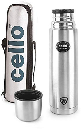 Cello Easystyle 1L Stainless Steel Vacuum Insulated Flask with Jacket | Hot and Cold Water Bottle with Screw Lid | Double Walled Silver Thermos Bottle for Home, Office, Travel