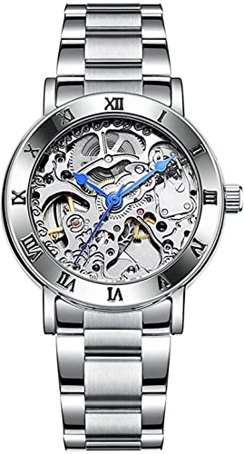 MASTOP Damenuhren, automatisch, Steampunk, selbstaufziehend, mechanisch, silbernes Armband, Skelett-Armbanduhr, Blau, Luxuriös