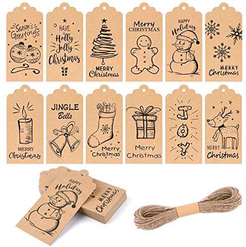 KUUQA 120PcsWeihnachten Geschenkkarten Anhänger Festival Verpackungsaufkleber mit hängendem Seil, 12 Verschiedene Arten, Schwarz