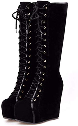 Aobaoya Women Platform Knee High Boots Round Toe Lace Up Hidden High Heels Winter Wedges Boot Size 8.5
