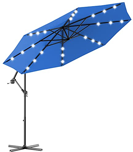 GOPLUS Sonnenschirm mit LED Beluchtung, Ampelschirm ∅300cm, Marktschirm mit Kurbelsystem, Gartenschirm mit Kreuz-Metallbasis, Terrassenschirm für Sonnenschutz, Balkonschirm, Farbewahl (Blau)