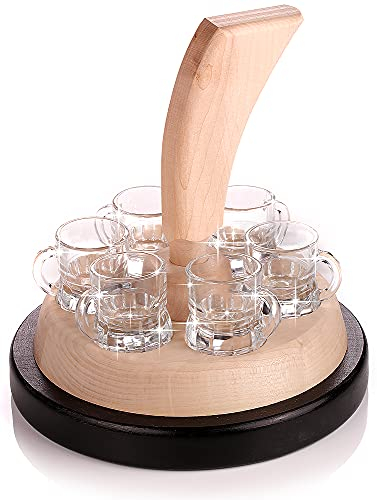 Schnapsgeschenk, Eisstock mit Gläser, Gravurfähig - Geschenkset mit 6 Gläsern & gravurfähigem Schild – rustikales Holzdesign – für Hüttenabende und Winterpartys