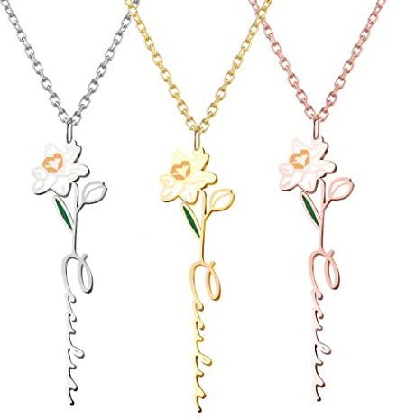 Namenskette Geburtstag Blume Kette mit Name Personalisierte Damen Blumenkette zum Geburtsmonat Anhänger Halskette mit Namen Geschenk für Mutter Tochter Frauen Mädchen Silber Rose Gold