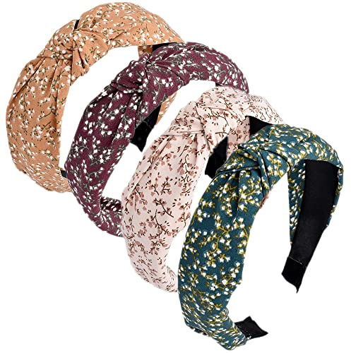Stirnbänder für Frauen Erwachsene Boho Wide Knot Turban Stoff Haarband No Slip elastische Haare Hoops Mode Haarschmuck 4Pcs