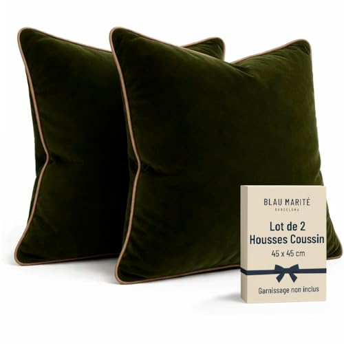 Blau Marité Kissenbezüge 45x45 cm – 2er Set aus weichem Samt – Dekokissen mit kontrastierendem Rand – Grün & Camel – Ohne Füllung