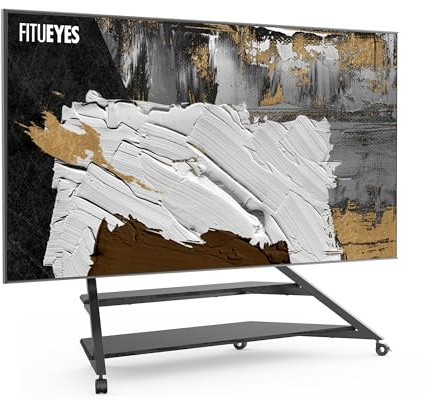 FITUEYES Design Modern TV Stand Rolling TV Floor Stand on Wheels for 75-100 Inch Large TVs, Living Room TV Stand Mount with Wooden Shelves, Eiffel Series V2,Black