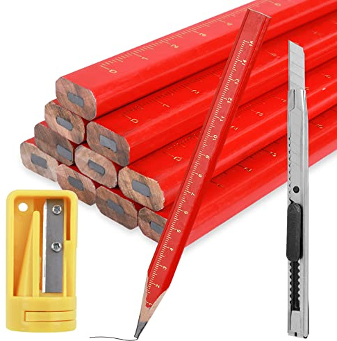 Prasacco 12 Stück Zimmermannsbleistift, Baubleistifte Rot Holzbearbeitung Markierungswerkzeug Baubleistift Bleistift baustelle mit Bleistiftanspitzer für Markieren und Anzeichnenauf der Baustelle