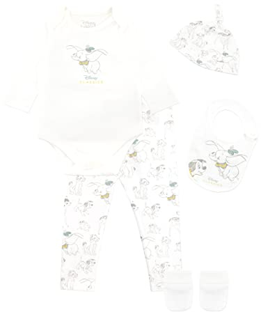 Disney Conjunto de 5 piezas Body Dumbo con Babero y Cappello para Bebé Niño o Niña 3-6 meses Blanco