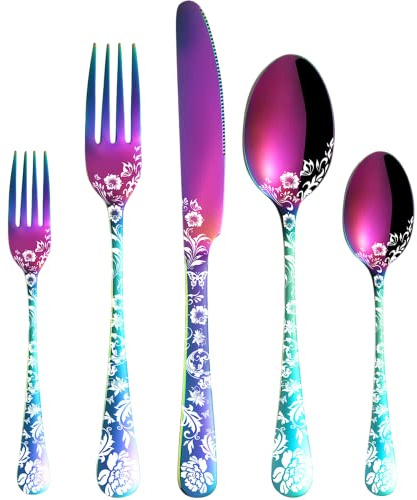 Vilihkc 20 piece Peony Flower Pattern Design Silverware Set, Stainless Steel Flatware Set Service for 4,Colorful Cutlery Set, Mirror Polished Utensil Set for Kitchen, Dishwasher Safe