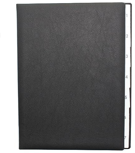 Pultordner mit Register 1-7, genarbtes Vollrindleder in Schwarz, passend für DIN A4, Softcover mit dehnbarem Rücken, Register-Trennblätter aus schwarzer Kartonage mit Sichtlöchern