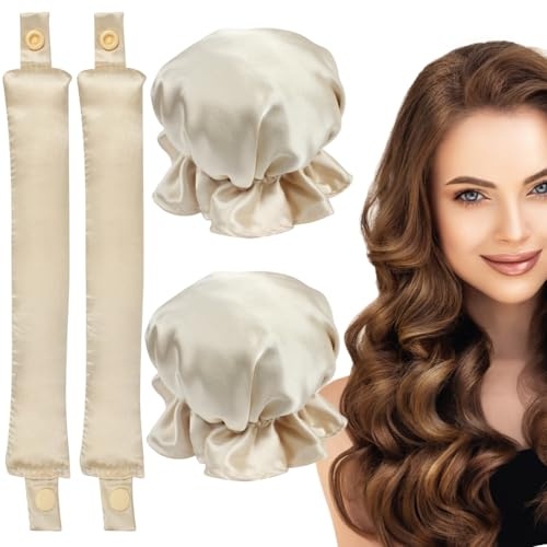 Heatless Hair Curlers, No Heat Curling Rod With Soft Satin Caps for Long & Medium Hair, Sleep In Curling Kits of 2 Pieces for Women Girls, Lazy Styling Tools, Cream-Coloured