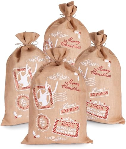 BRUBAKER Großer Weihnachtssack Santa Express Briefmarken - 80 cm Geschenksack Weihnachten - Nikolaussack Jutebeutel Sack mit Kordel zum Verpacken von Geschenken - Merry Christmas - 4 Stück