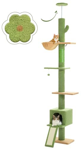 PEQULTI Floor to Ceiling Cat Tree, Cactus Tall Tower, Adjustable Height (83''-108'') 5 Tiers Climbing Tree for Indoor Cats With Condo, Scratching Post and Ladder, Green