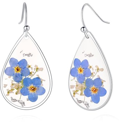 Boucles d'oreilles à fleurs pressées en dentelle Myosotis et Queen Anne | Boucles d'oreilles pendantes en argent pour filles | boucles d'oreilles femme | Cadeau pour femme