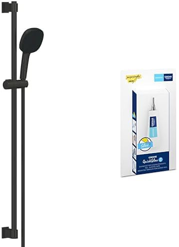 GROHE Vitalio Comfort 110 QuickFix & QuickGlue S - Shower Set (Square 11 cm Hand Shower 2 Sprays: Rain & Jet, Shower Hose 1.75 m, Rail 90 cm, Water Saving, Extra Easy to Fit), Matt Black, 269302431