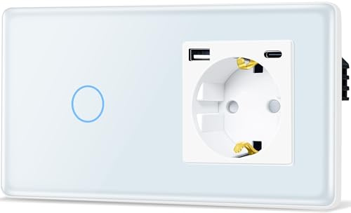 TAWOIA Touch Lichtschalter mit Steckdose mit（MAX.20W) USB and Type C, EU Standard 1 Fach Steckdose 1 Fach 1 Wege Unterputz Lichtschalter mit 2.5D Curved Glas Platte 86 * 157mm Weiß