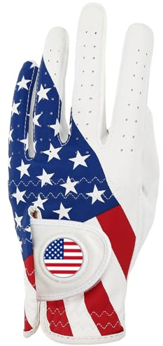 GOLTERS Gants de golf main gauche avec marqueur de balle pour homme et femme, drapeau des États-Unis, cuir synthétique, fibre Lycra, sangle réglable, portés à la main gauche