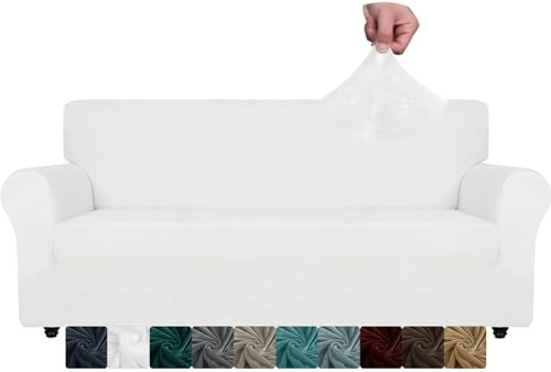 CHELZEN Samt Couchbezüge 3-Sitzer Dicke Stretch Sofa Bezüge für Hunde Haustiere rutschfeste Sofa Slipcover Waschbare Möbel Schutz für Wohnzimmer (3 Sitzer, Weiß)