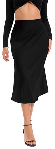 Oyamiki Black Zipper Satin Skirt Elasticized Waistband Elegant Solid Flowy Midi Long Skirts A Line Work Summer Mermaid Skirt, XL