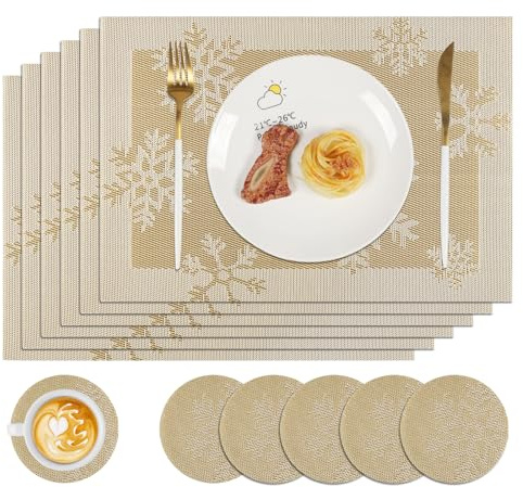 Famibay Gold Weihnachtsplatzdeckchen und Untersetzer Set mit 6 Stück, weihnachtliche Tischsets, hitzebeständig, waschbar, gewebte Vinyl-Tischsets für Esszimmer, Küche, Restauranttisch