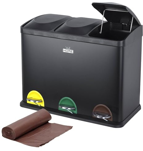 WELL HOME MOBILIARIO & DECORACIÓN Cubo de reciclaje Negro 45L 3 compartimentos + Rollo de 20 bolsas basura autocierre de 20L