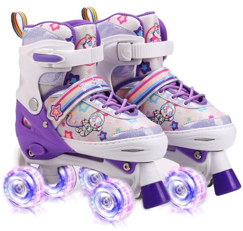 Pattini a Rotelle Bambina, Regolabili Pattini a 4 Ruote con ruote illuminate, 4 Misure Regolabili, Pattini rotelle Per ragazze e ragazzi Principi (Purple, M)