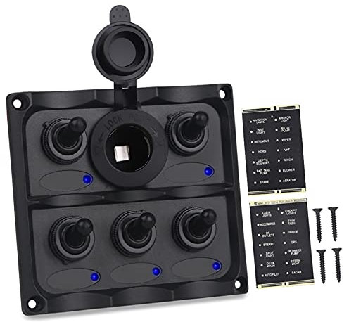 MUEOSI Panneau de Commutation de Bateau de Yacht à 5 Gangs 12v numérique, for Panneau de commutateur à Bascule de Voiture Automatique disjoncteur avec Allume-Cigare Tableau électrique