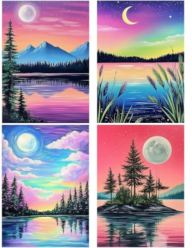 Bowetile Set da 4 Diamond Painting Kit Completo, Paesaggio Diamond Painting Kit Completo per Adulti, Luna Montagna Laghi Diamant Painting per Adulti, Decorazioni per Casa 30x40 cm