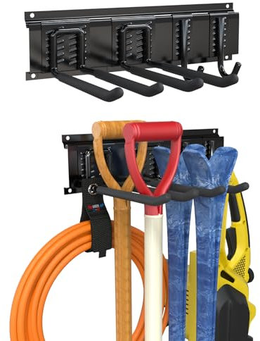 3-H Porte Outils de Jardin Mural 40cm, Range Outils de Jardin en Acier Inox avec 1 Rail & 4 Crochets de Garage Réglables,Rangement Mural Modulable pour Matériel de Ski Balai Râteau Tuyau