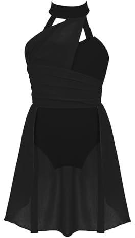 Riismen Kids Girls Ballet Lyrical Dance Dress Halter Cutout Back Leotard Chiffon Tailskirts Dancewear Black 11-12 Years