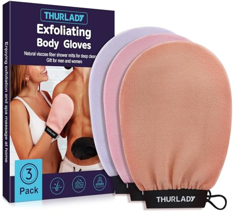 THURLADY Exfoliating Glove, Korean Exfoliating Mitt Body Scrubber Exfoliator, 3 Pack Viscose Fiber Bath Shower Scrub Gloves, Dead Skin Remover for Body, Smoother Skin and Self-Tan Removal & Prep