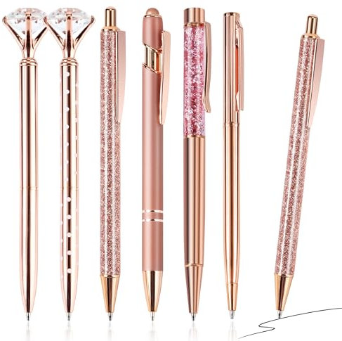 Lot de 6 stylos à bille en or rose pour femme Stylos à Bille Diamant Stylo en Cristal en Métal pour Écriture Mariage Bureau École (or rose)