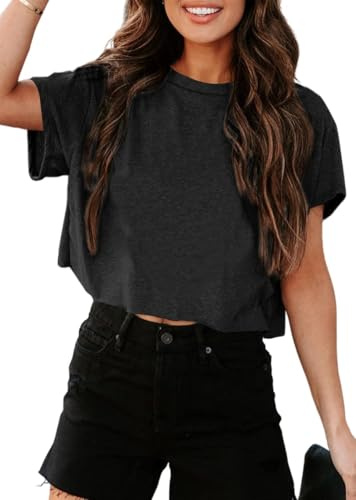 Tankaneo Crop Tops pour femme - Haut de sport surdimensionné - Col rond - Ample - Ventre nu - T-shirt d'été court., Noir , S