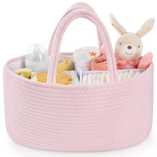 Maliton Skötbordsarrangör, babyarrangör, korg, förvaringskorg för skötbordet, blöja Caddy med fack och handtag, presenter till nyfödda, ljusrosa