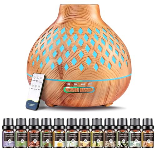 AESHORY Difusor de Aceite Esencial 550ML, Difusor de Aromas con 12 x 5ML Aceites Esenciales, Silencioso Humidificador Ultrasónico con Luces LED e Control Remoto para Hogar, Yoga - Color de la Madera