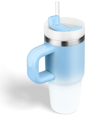 14oz Kinder-Tumbler mit Griff, Stroh und Deckel, 304 Edelstahl, Thermobecher, Farbverlauf Blau-Weiß