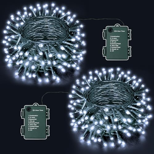 Ollny Fairy Lights Battery Operated, 20M 200 LEDs Battery Powered String | Lights, 2 Pack 10m Cool White Outdoor Lights Waterproof with 8 Modes/Timer for Indoor Bedroom Outside Garden Tree