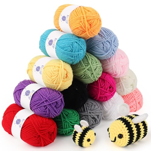 Reessy Crochet Yarn Set 375g(15 × 25g), Multi-Coloured Knitting Wool | Super Soft 4 Ply Milk Cotton Yarn, Double Knitting Wool Acrylic Yarn for Beginners Learn to Crochet Amigurumi Handcrafts