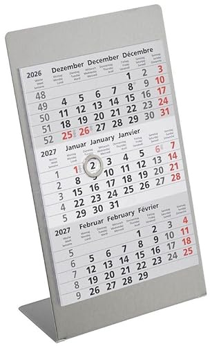 Tischkalender Edelstahl 2027/2028 silber matt Monatskalender 3 Monate Kalender Kalendarium Stehkalender Aufstellkalender